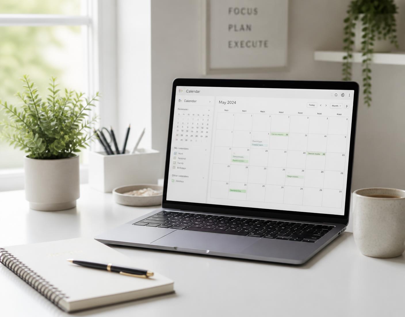 Organized remote workspace with a calendar open on a laptop